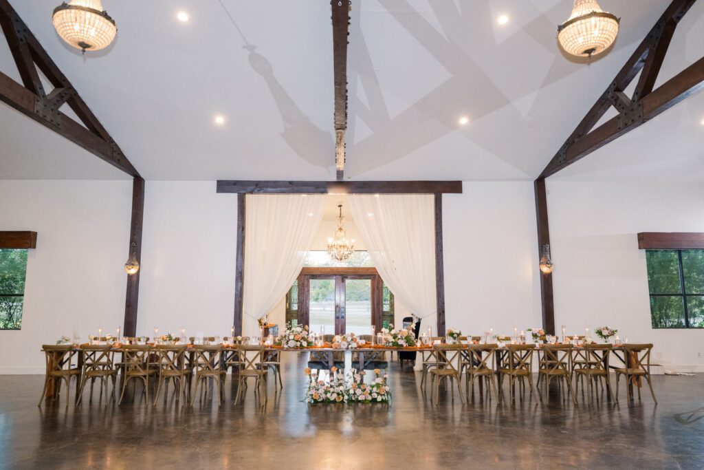 Indoor wedding reception at Pecan Springs Ranch