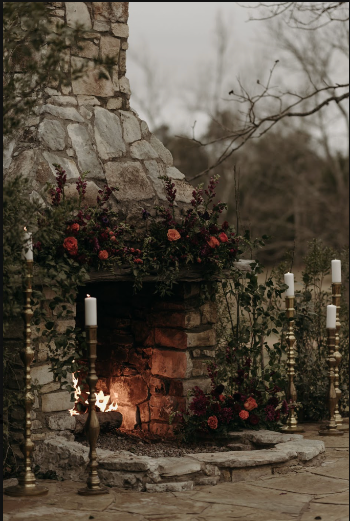 Stone Fireplace terrace at Pecan Springs Ranch, an Austin Wedding Venue